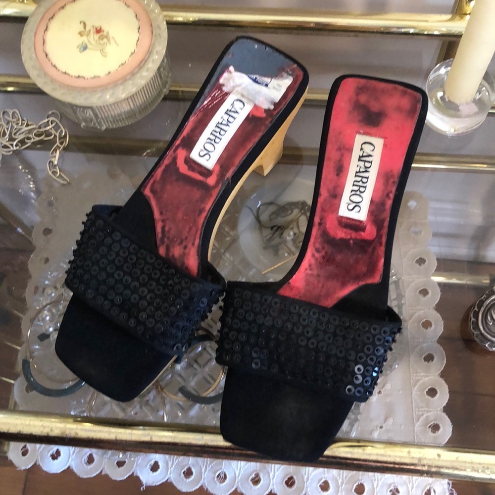 Caparros black sequin block heels, size 7